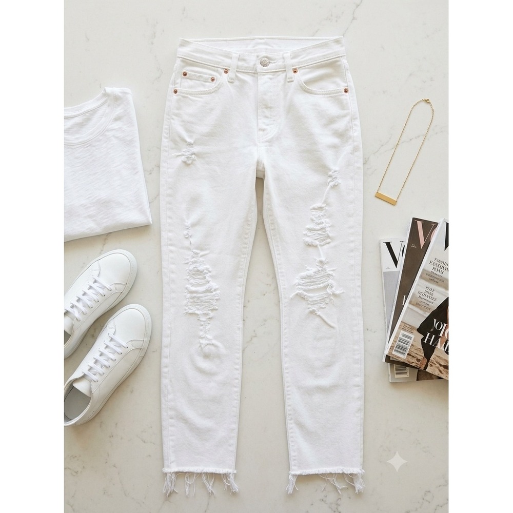 Levis 501 Skinny Jeans White Distressed Raw Hem Button Fly High Rise Denim